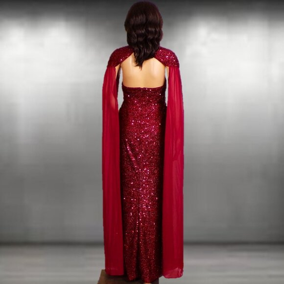 GIFFNISETI size M burgundy sequined 2-piece evening ensemble long gown + shrug - Picture 7 of 16